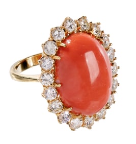 18k Yellow Gold, Coral and Diamond Ring