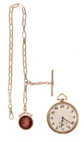 International Watch 18k Yellow Gold Case Pocket Watch on 14k Gold Chain