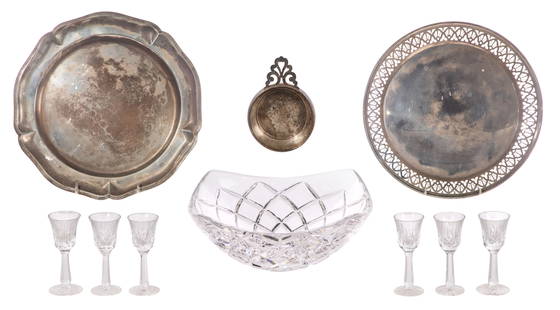 Tiffany & Co., Sterling Silver and Crystal Assortment: Tiffany & Co., Sterling Silver and Crystal Assortment (10) items including a pierced tray (marked 'sterling' / '925') and a diamond cut crystal bowl (both marked 'Tiffany &Co.'), a set of Waterford (6