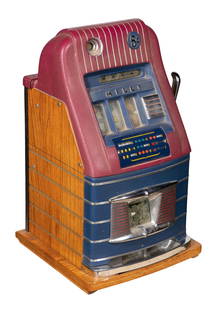 Mills 5c Slot machine: Mills 5c Slot machine c.1940 5c mechanical Hi-Top, having 3-reels, a black diamond finish of a deep maroon top and deep blue body / front, wood sides, in an Art Deco design, a jackpot window on the fr