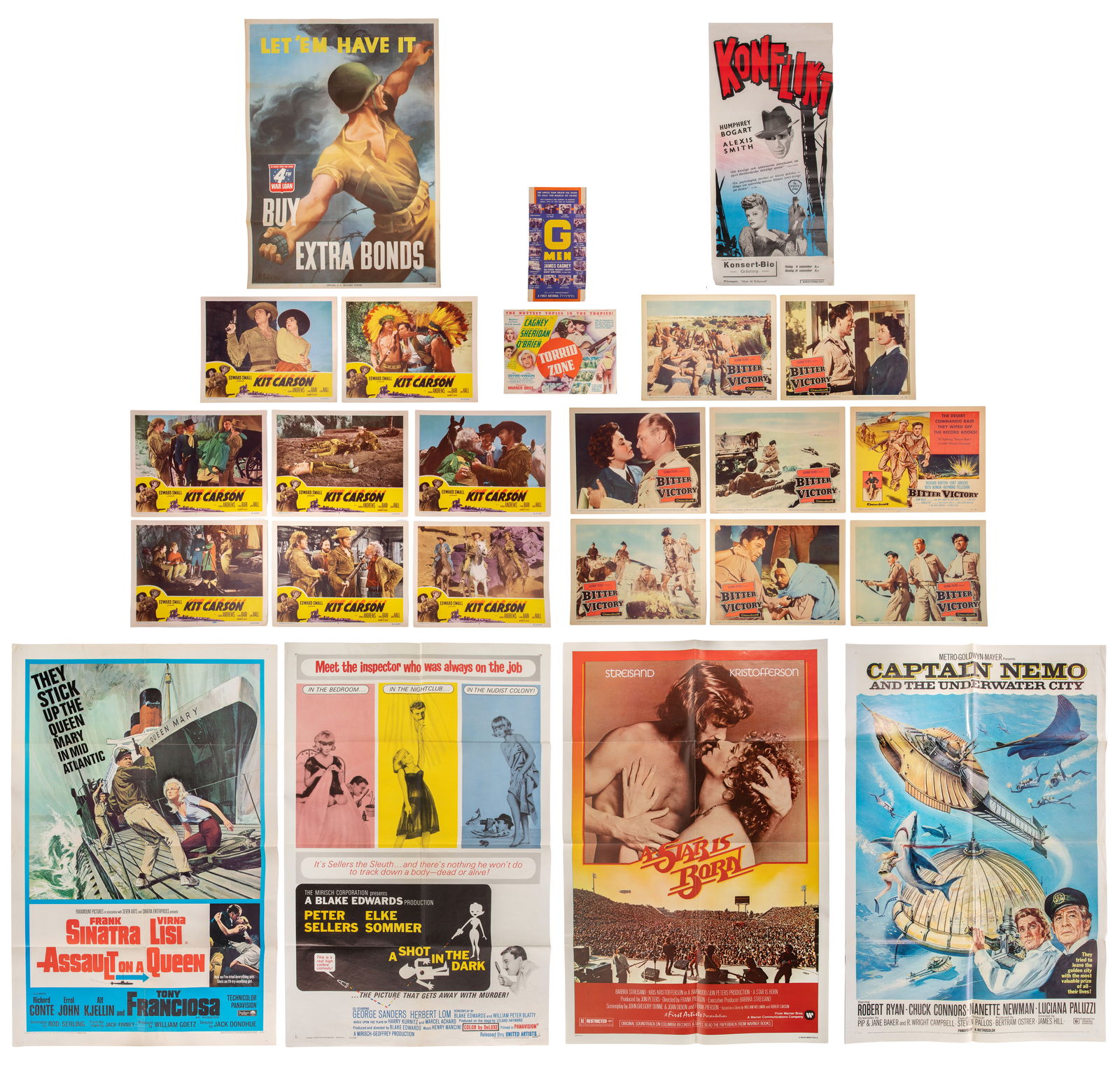 World War II and Movie Poster Assortment: World War II and Movie Poster Assortment (24) total items including a 1943 Bernard Perlin war bond poster titled 'Let 'Em Have It: Buy Extra Bonds' published by the US Government as well as movie post