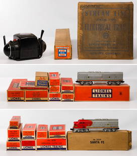 Lionel O-Scale Model Train and Accessory Assortment: Lionel O-Scale Model Train and Accessory Assortment (22) total items, mostly in original boxes, including a #2353P, a #2353T and a #23430 Santa Fe locomotives, a #20 track crossing, a #50 Gang Car, a