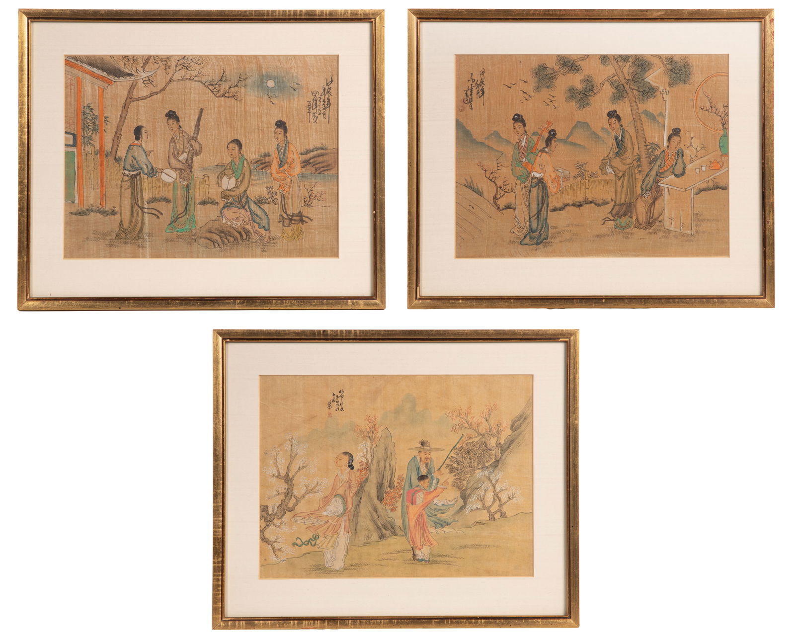 Chinese Watercolors on Silk: Chinese Watercolors on Silk (3) watercolor on silk depictions of daily life in a courtyard, having characters and red seal in upper quadrants, matted under glass in gilt frames Property from: a Privat
