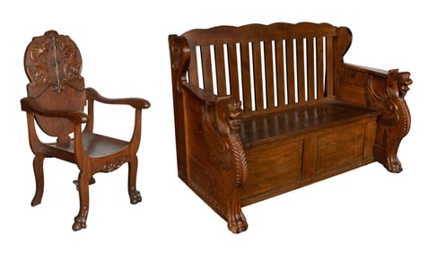 Carved Oak Bench and Chair