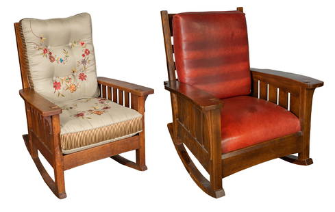 L. & J.G. Stickley Oak Rocking Chair: L. & J.G. Stickley Oak Rocking Chair (2) total items including a Stickley Mission style rocking chair having removable leather cushions, stamp and label to undersides; together with a Mission style ro