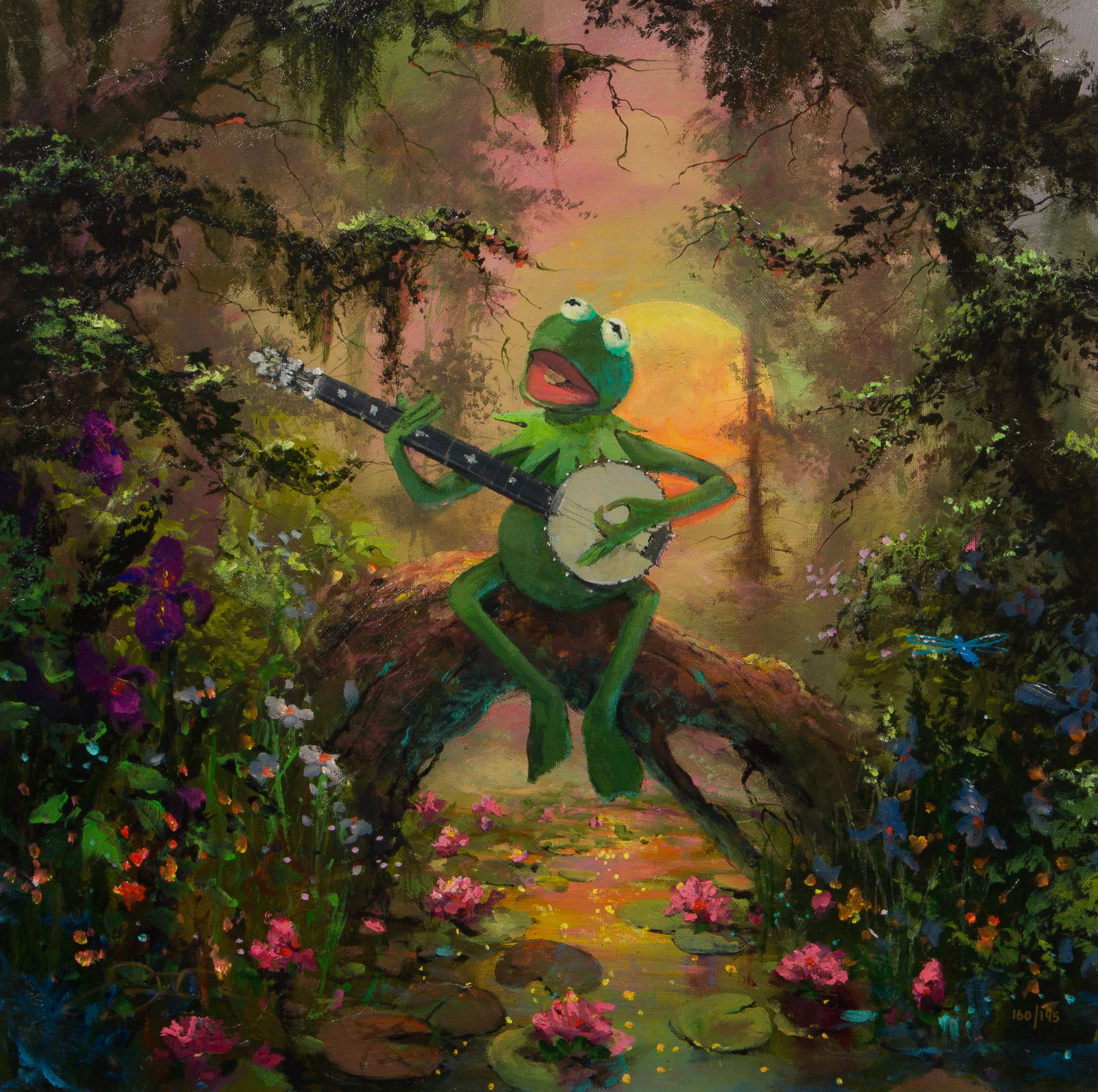 James Coleman (American, 20th Century) 'Rainbow Connection' Giclee on Canvas: James Coleman (American, 20th Century) 'Rainbow Connection' Giclee on Canvas Undated, signed lower left, #160/195, depicting Kermit the Frog sitting on a log holding a banjo and singing, matted in a m