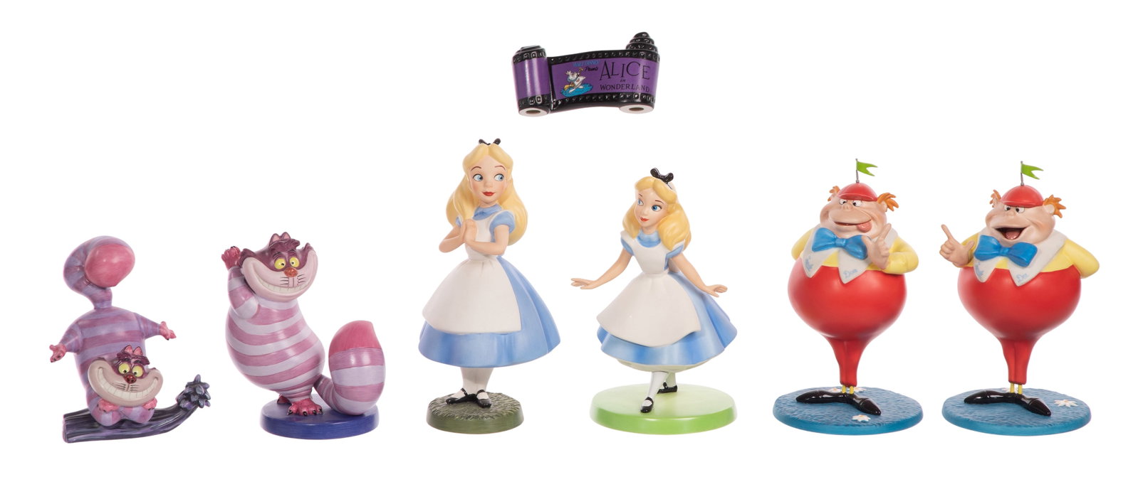 Disney Classics Collection 'Alice in Wonderland' Figurine Assortment: Disney Classics Collection 'Alice in Wonderland' Figurine Assortment (6) porcelain items including #1204379 a two-piece 'Tweedledee and Tweedledum' set having original packing and box, 'Curiouser and 