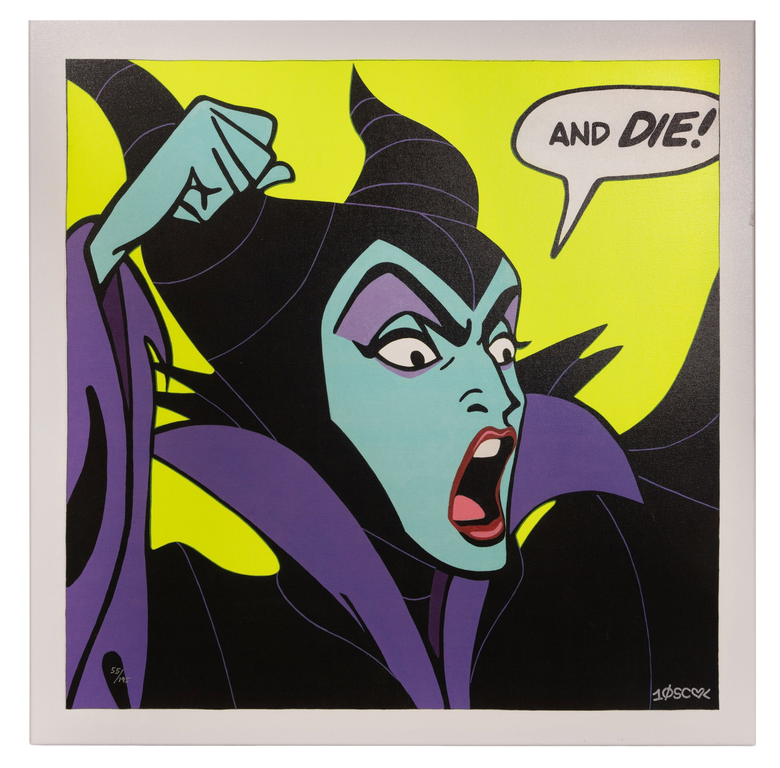 Tennessee Loveless (American, 20th Century) "Birthday Wishes" Serigraph on Canvas: Tennessee Loveless (American, 20th Century) 'Birthday Wishes' Serigraph on Canvas Undated, ink artist cypher lower right, #55/195 lower left, depicting Maleficent, gallery wrapped canvas on stretcher,