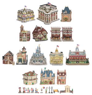 Disney Department 56 Snow Village Assortment: Disney Department 56 Snow Village Assortment (26) total items of Disneyland Village Buildings and attractions covered in snow, including Cinderellas Castle, Main Street Entrance, Old World Antiques an