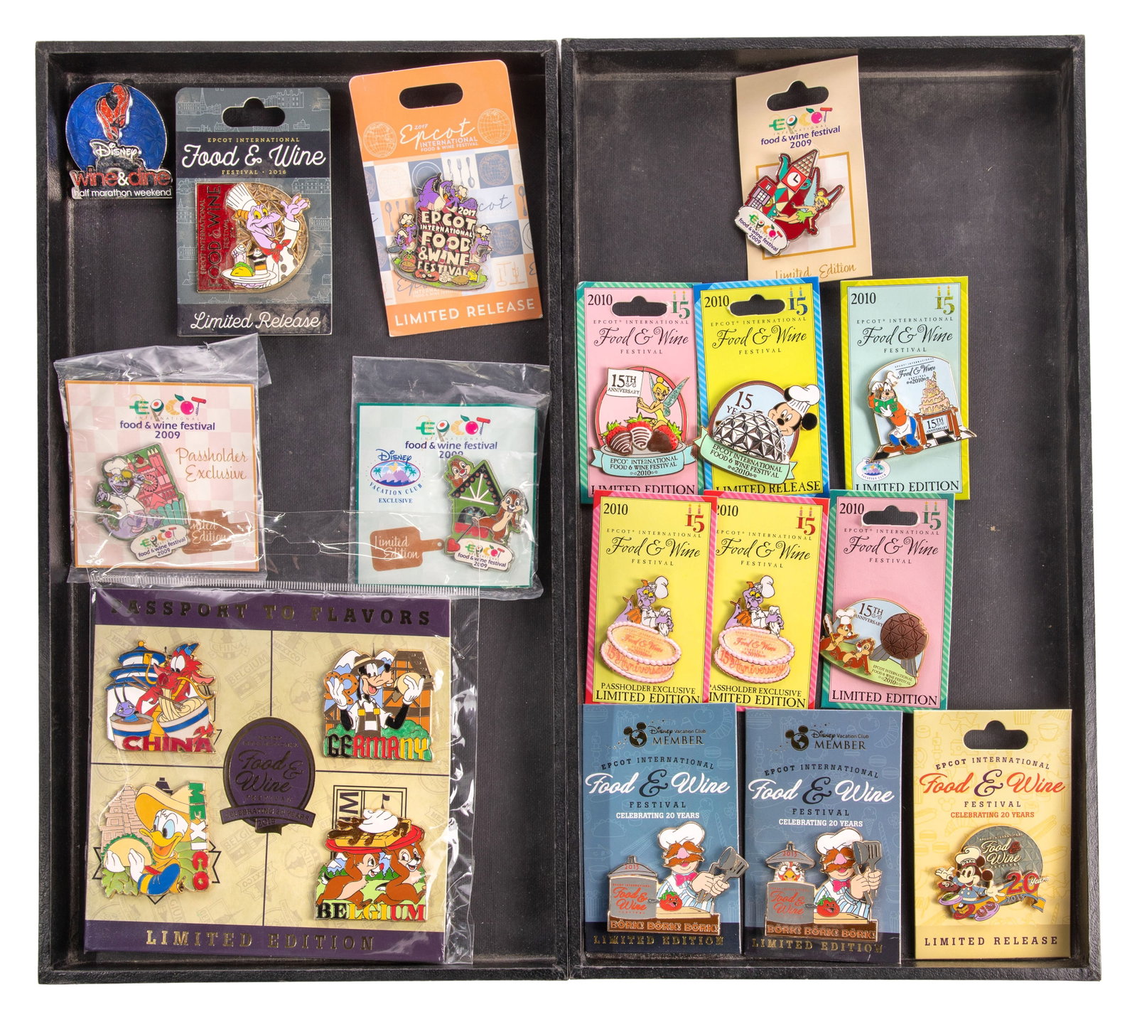 Disney Food and Wine Pin Assortment: Disney Food and Wine Pin Assortment (16) items, most having backer card, some in plastic Property from: a Private Collector, Palos Park, Illinois Length: 5 1/2 inches, Width: 5 5/8 inches (longest bac