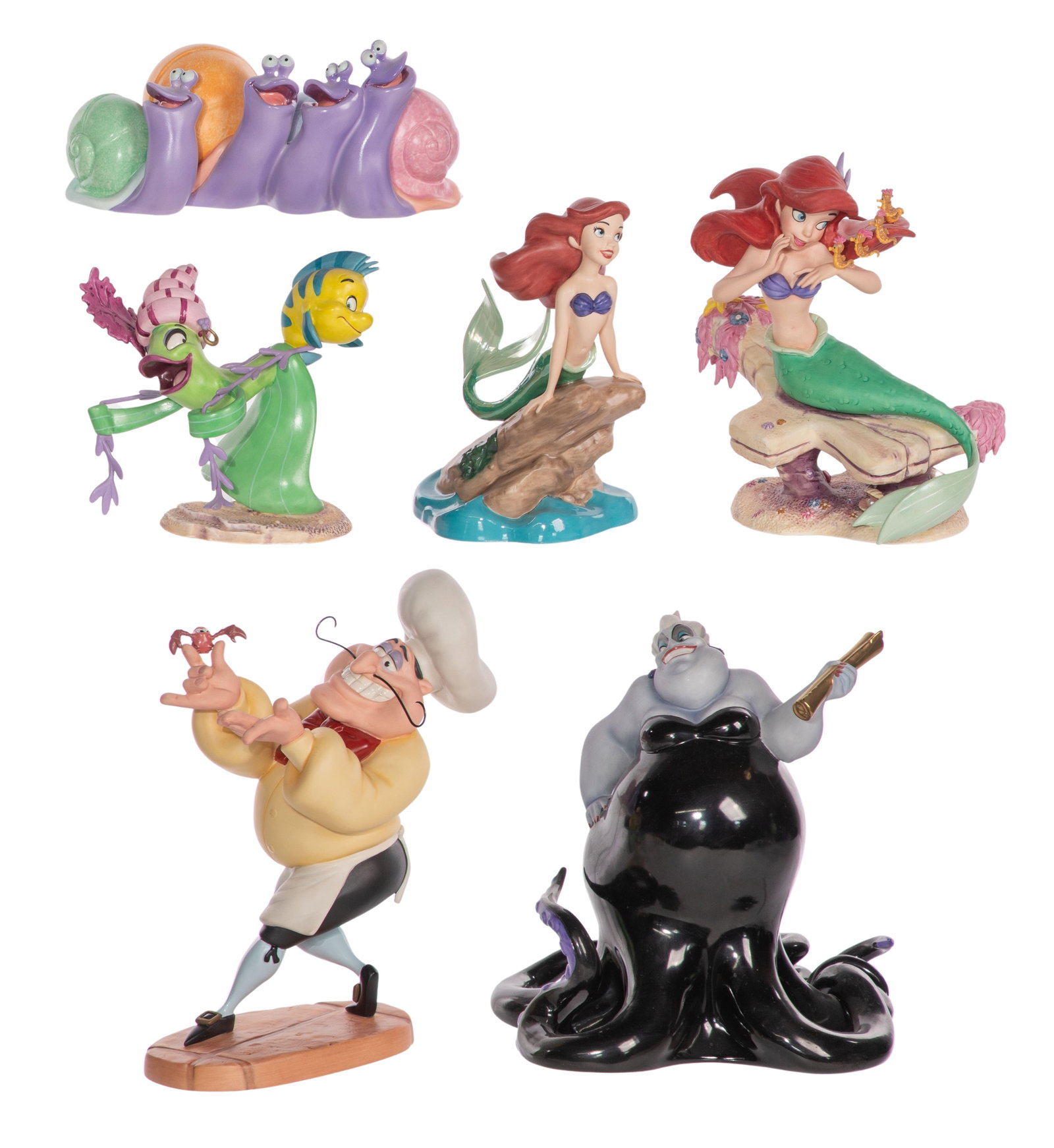 Disney Classics Collection 'The Little Mermaid' Figurine Assortment: Disney Classics Collection 'The Little Mermaid' Figurine Assortment (6) porcelain items of various sizes, characters and scenes including Ursula, The Chef and Sebastian, Flounder, The Singing Snails a