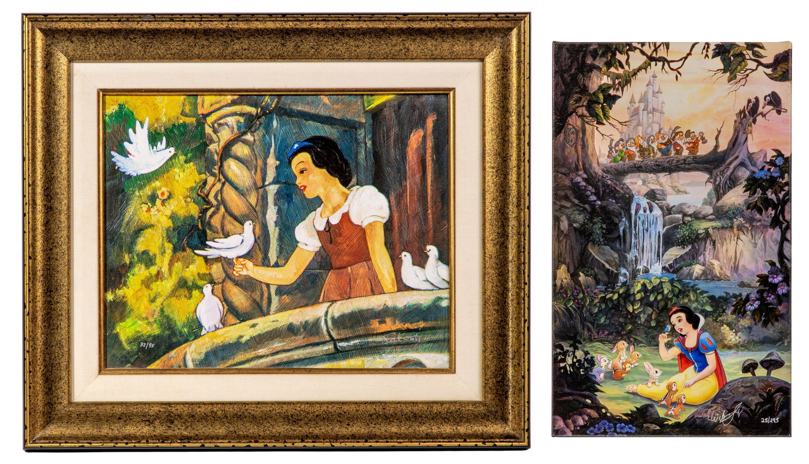 Disney 'Snow White' Giclees on Canvas: Disney 'Snow White' Giclees on Canvas (2) items including a 2005 'Snow White on the Balcony', ink signed 'Jim Salvati' lower right, #32/95 lower left, in a linen lined bronze-tone wood frame having a 