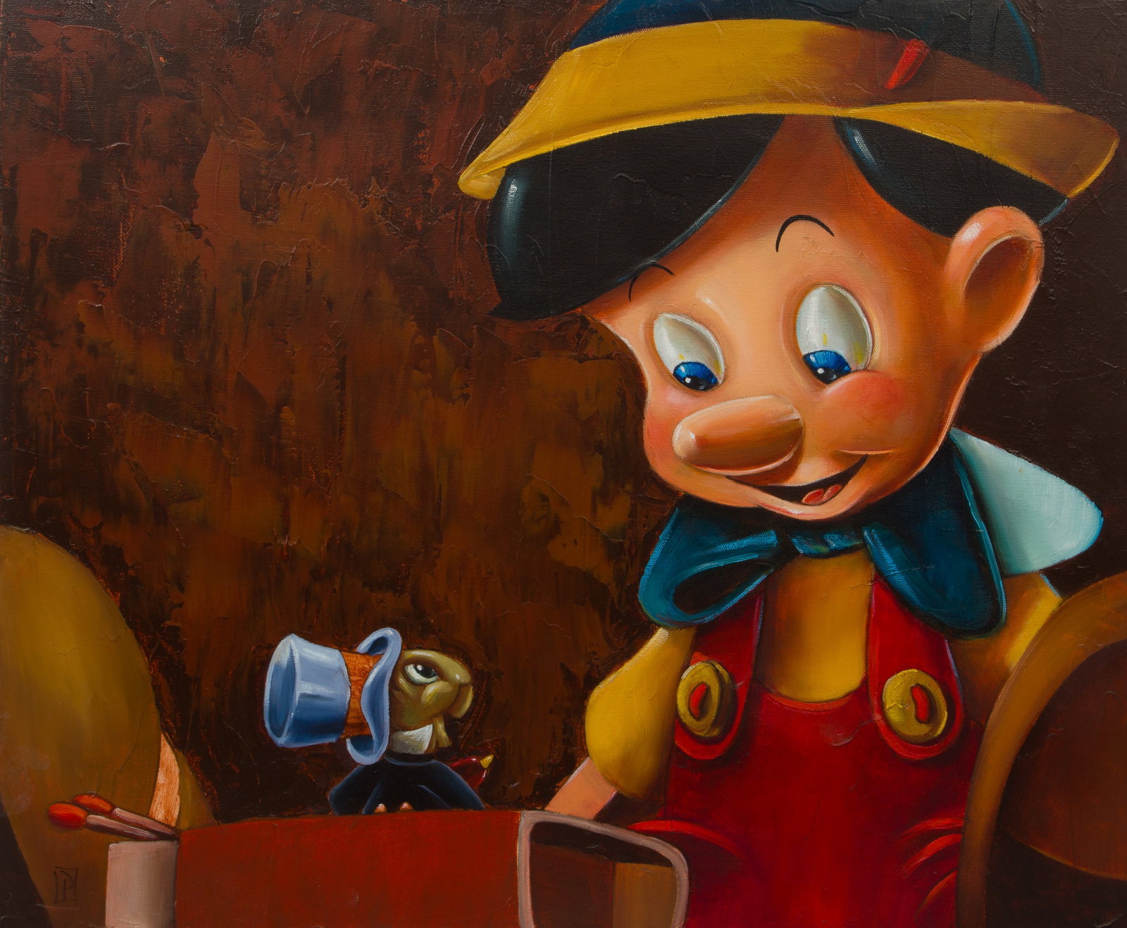 Jon Pinto (American, 20th Century) Oil on Canvas: Jon Pinto (American, 20th Century) Oil on Canvas Undated, initialed lower left, depicting an interaction between Pinocchio and Jiminy Cricket, unframed Property from: a Private Collector, Palos Park, 