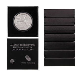 2015 America the Beautiful Five Ounce Silver Collection: 2015 America the Beautiful Five Ounce Silver Collection (8) coins including: Kisatchie National, Bombay Hook, (3) Homestead National, (2) Saratoga National, Blue Ridge Parkway, having original mint pa
