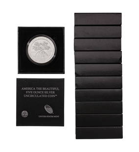 2020 America the Beautiful Five Ounce Silver Collection: 2020 America the Beautiful Five Ounce Silver Collection (11) coins including: American Samoa, Weir Farm, (3) Salt River Bay, (3) Marsh-Billings-Rockefeller, (3) Tallgrass Prairie, having original mint