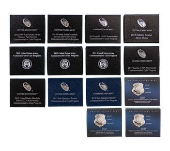 United States Uncirculated Silver Commemorative Collection: United States Uncirculated Silver Commemorative Collection (14) coins including: (2) Star-Spangled Banner, Infantry Soldier, (2) US Marshals Service, Law Enforcement, (2) Apollo 11, National Park Serv