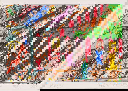 James Rizzi (American, 1950-2011) 'Hookers' Paper Sculpture: James Rizzi (American, 1950-2011) 'Hookers' Paper Sculpture 1988, pencil signed and #48/300, hand cut 3-dimensional depiction of various personalities on a city street corner having detail and vibrant