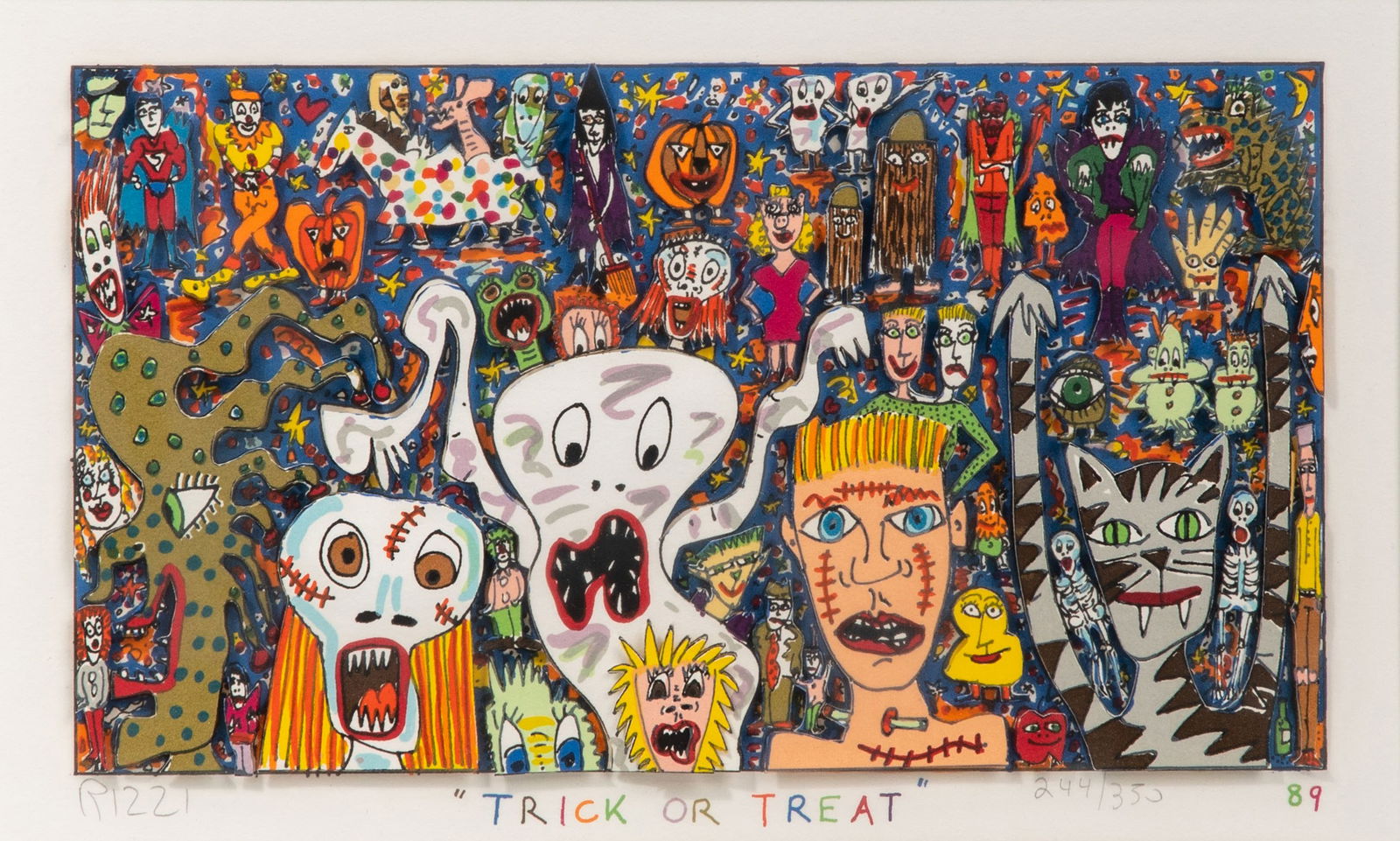 James Rizzi (American, 1950-2011) 'Trick or Treat' Paper Sculpture: James Rizzi (American, 1950-2011) 'Trick or Treat' Paper Sculpture 1989, pencil signed and #234/350, hand cut 3-dimensional depiction of various personalities in costume having detail and vibrant colo