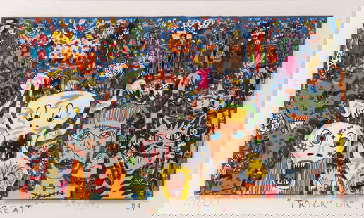 James Rizzi (American, 1950-2011) 'Trick or Treat' Paper Sculpture: James Rizzi (American, 1950-2011) 'Trick or Treat' Paper Sculpture 1989, pencil signed and #234/350, hand cut 3-dimensional depiction of various personalities in costume having detail and vibrant colo