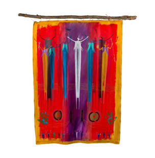 Bill Worrell (American, 1936-2021) Acrylic on Canvas: Bill Worrell (American, 1936-2021) Acrylic on Canvas 1993, signed and dated '7/16/93 / 11:39 am', tribal style depiction of shaman figures, unstretched canvas suspended from a 2-inch thick, 67-inch lo