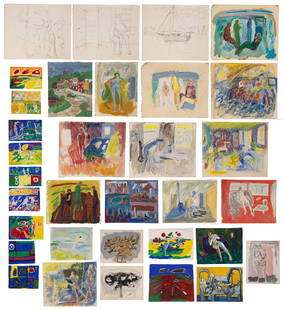 Abbott Pattison (American, 1916-1999) Paintings on Paper: Abbott Pattison (American, 1916-1999) Paintings on Paper (32) total items including (30) paintings in various media (seven signed) depicting abstract figural and landscape scenes; together with (2) pe