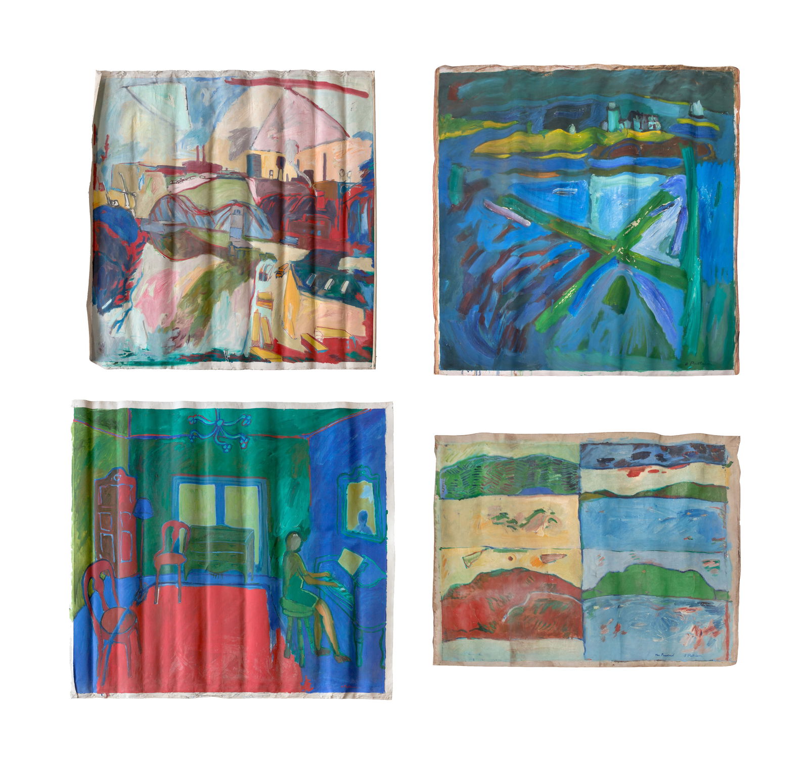 Abbott Pattison (American, 1916-1999) Oil on Canvas Assortment: Abbott Pattison (American, 1916-1999) Oil on Canvas Assortment (4) undated items, signed, including a view of a piano player in a room, a landscape and one titled 'The Penobscot', all unstretched and