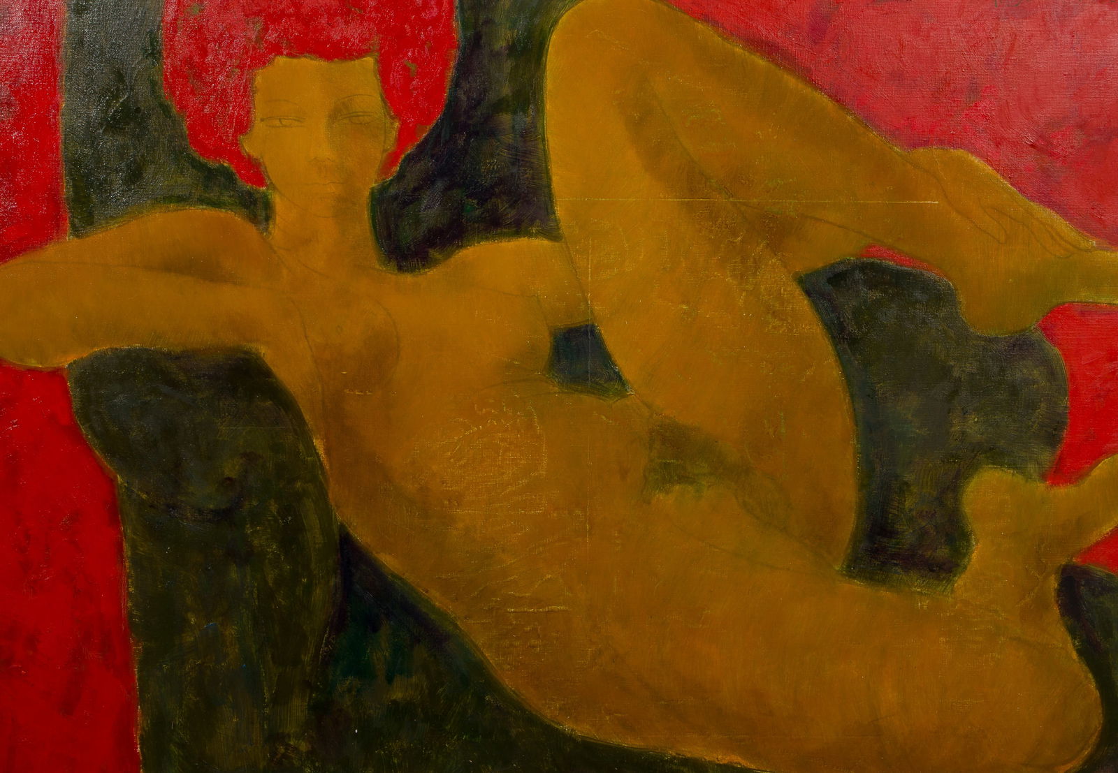 Alain Bonnefoit (French, b.1937) Oil on Canvas: Alain Bonnefoit (French, b.1937) Oil on Canvas Undated, signed upper left, a portrait of a reclining nude, in a metallic painted frame Property from: a Private Collector, Deerfield, Illinois Height: 2