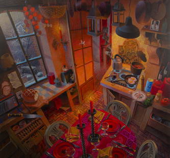 Alain Le Chatelier (French, b.1952) Oil on Canvas: Alain Le Chatelier (French, b.1952) Oil on Canvas 2007, signed right on front of drawer, depicting a kitchen in France, canvas wrapped, unframed Property from: an Estate, St. Charles, Illinois Height: