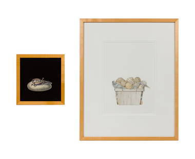 John Wickenberg (American, b.1944) Acrylic on Board and Watercolor: John Wickenberg (American, b.1944) Acrylic on Board and Watercolor (2) items including 1998 'Salamander' acrylic on board under acrylic in a wood frame and 2000 'Box of Shells' watercolor, matted unde