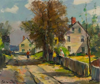 Carl W. Peters (American, 1897-1980) 'Rockport St. Neighbors Chatting' Oil on Canvas