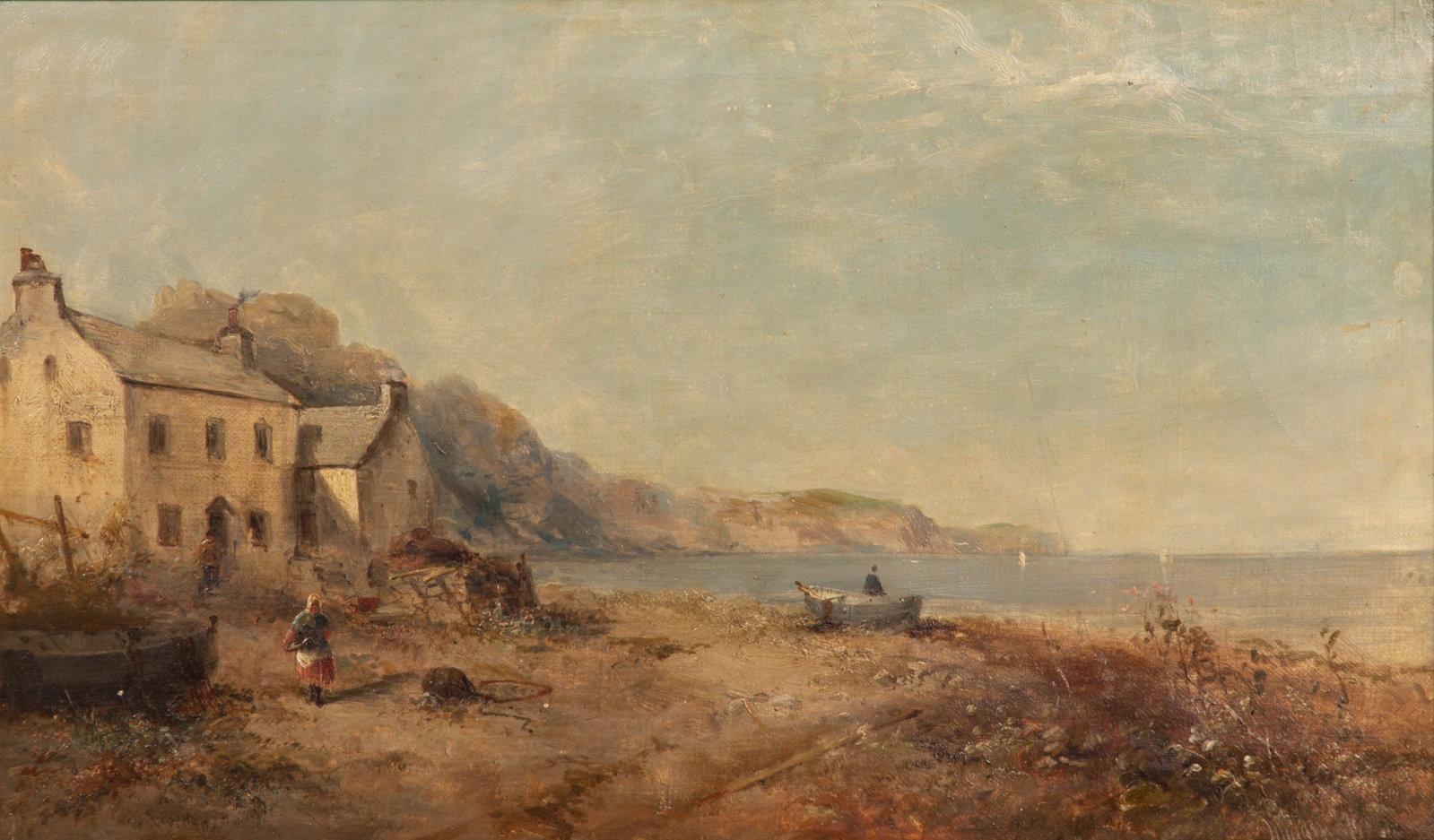 Eduardo Dalbono (Italian, 1841-1915) Oil on Canvas: Eduardo Dalbono (Italian, 1841-1915) Oil on Canvas Undated, signed lower right, depicting a coastal village scene having figures and beached boats, in a gold-tone gesso on carved wood frame Property f