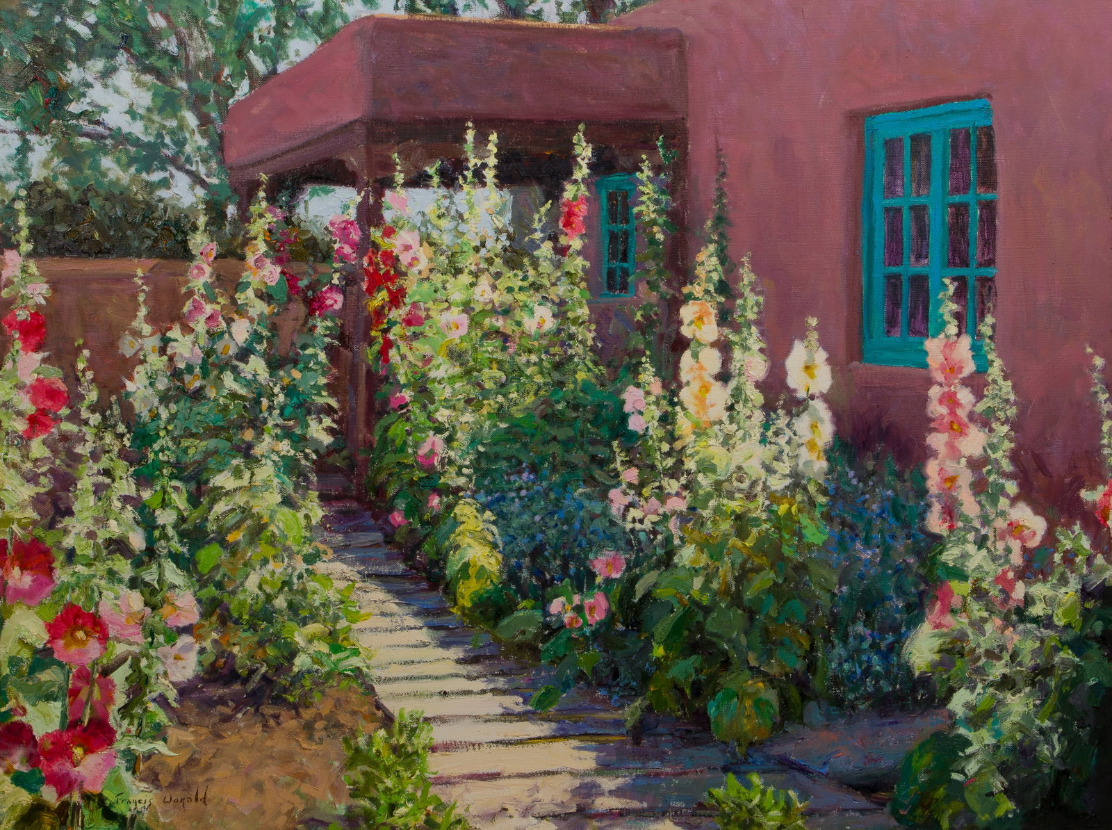 Francis Donald (American, b.1947) Oil on Canvas: Francis Donald (American, b.1947) Oil on Canvas Undated, signed lower left, depicting an adobe home having tall flowers in the garden, in a weathered wood frame Property from: an Estate, Cook County, 