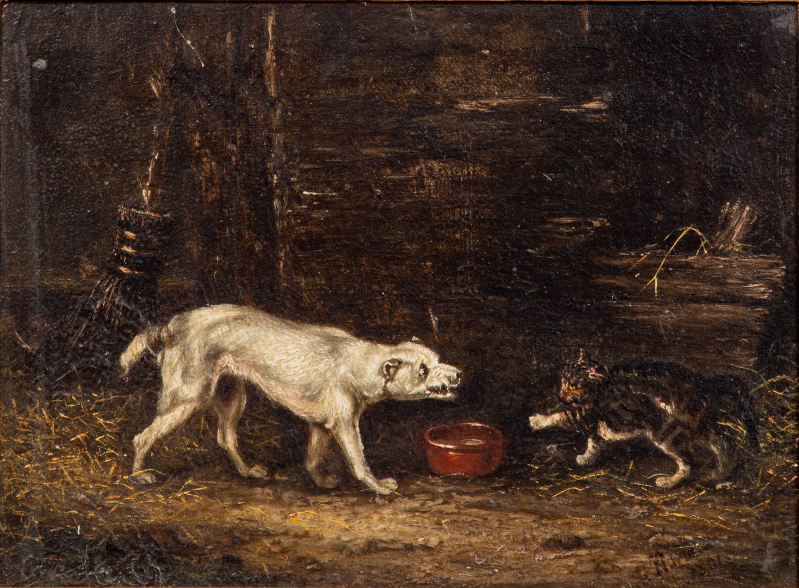 Emmanuel Noterman (Belgian, 1808-1863) 'Ready to Fight' Oil on Canvas: Emmanuel Noterman (Belgian, 1808-1863) 'Ready to Fight' Oil on Canvas 1861, signed lower right, depicting a dog and cat fighting over a dish of food, in a painted gold-tone gesso on wood frame Propert