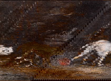 Emmanuel Noterman (Belgian, 1808-1863) 'Ready to Fight' Oil on Canvas: Emmanuel Noterman (Belgian, 1808-1863) 'Ready to Fight' Oil on Canvas 1861, signed lower right, depicting a dog and cat fighting over a dish of food, in a painted gold-tone gesso on wood frame Propert