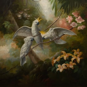 After Alfonso T. Toran (Italian / American, 1896-1965) 'Three White Cockatoos' Oil on Canvas