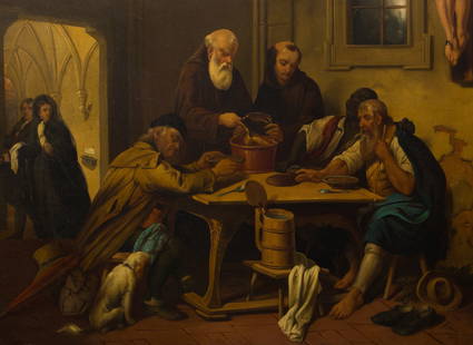 After Josef Danhauser (Austrian, 1805-1845) 'Die Klostersuppe' Oil on Canvas: After Josef Danhauser (Austrian, 1805-1845) 'Die Klostersuppe' Oil on Canvas Undated, signed 'Hauer' lower right, title translation being 'The Monastery Soup', in a bronze-tone gesso on carved wood fr