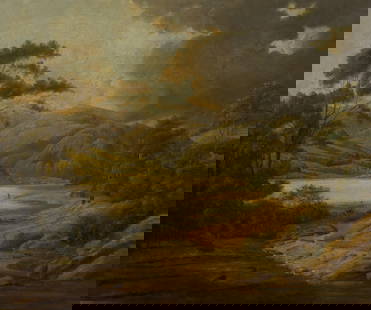 Walter Williams (British, 1834-1906) Oil on Canvas: Walter Williams (British, 1834-1906) Oil on Canvas Undated and unsigned, depicting a lake scene, in a gold-tone gesso on carved wood frame having a brass artist identification plaque, informational sh