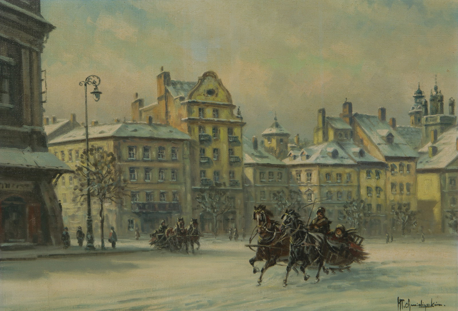 Wladyslaw T Chmielinski (Polish, 1911-1999) 'Town in Snow' Oil on Canvas: Wladyslaw T Chmielinski (Polish, 1911-1999) 'Town in Snow' Oil on Canvas Undated, signed lower right, a town square in winter, gallery wrapped Property from: a Private Collector, Lincolnshire, Illinoi