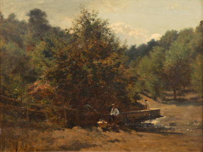 Manner of Jean Baptiste Camille Corot (French. 1796-1875) Oil on Board: Manner of Jean Baptiste Camille Corot (French. 1796-1875) Oil on Board Undated, unsigned, depicting a landscape of trees, a river and figures on dock and in a boat, in a gilt gesso wood frame, having