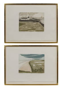 John Brunsdon (British, 1933-2014) Color Etchings: John Brunsdon (British, 1933-2014) Color Etchings (2) items including 'Minsmere' and 'Dunwich Heath', both pencil signed, titled and #7/150 lower margin, blind stamp lower right, depicting the Suffolk