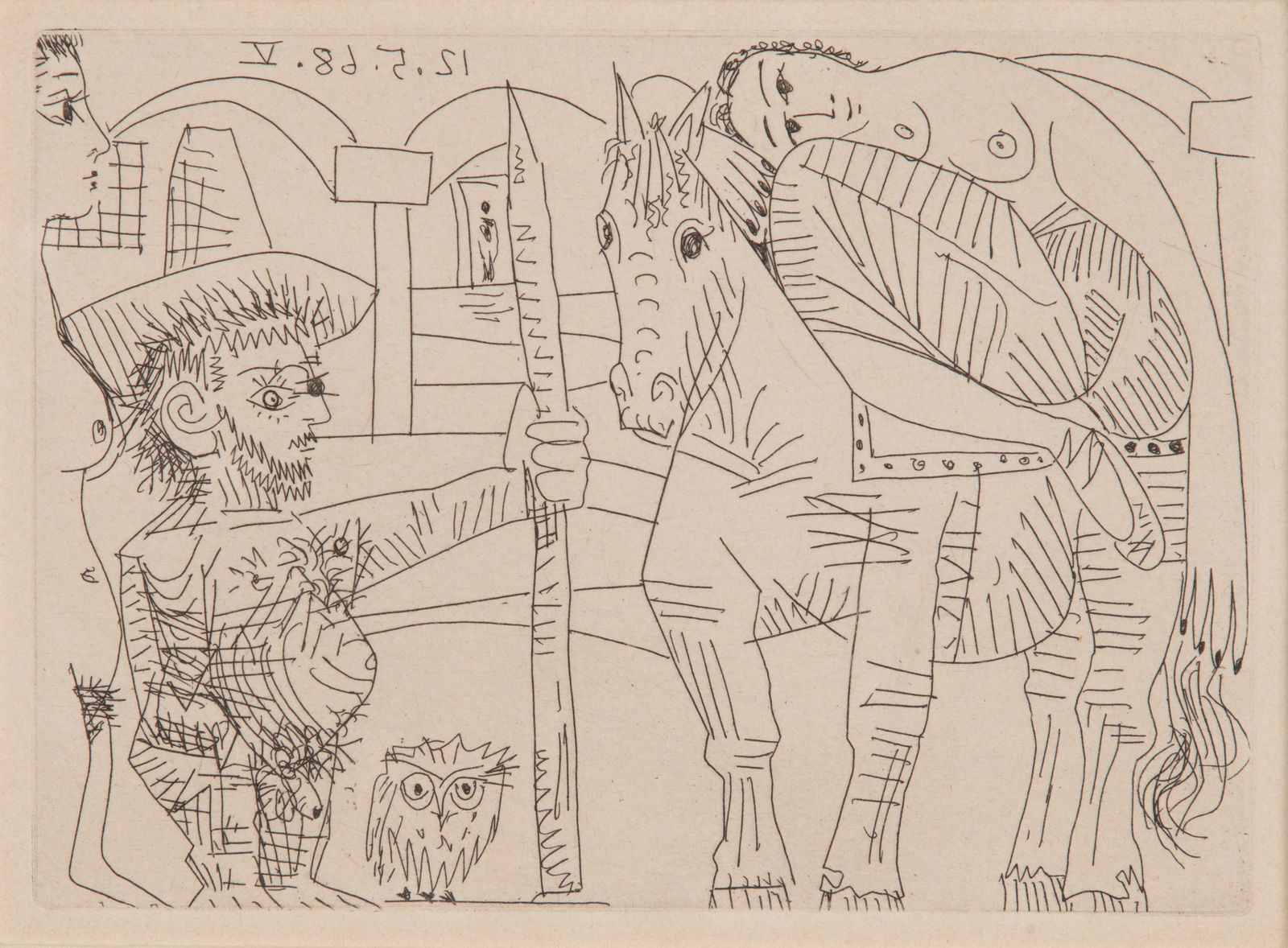 Pablo Picasso (Spanish, 1981-1983) 'Couple, Owl, and Odalisque on a Horse' Etching (1 of 3)