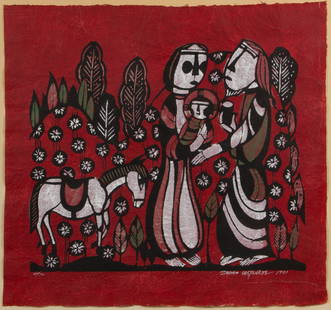 Sadao Watanabe (Japanese, 1913-1996) 'The Holy Family' Stencil Woodcut: Sadao Watanabe (Japanese, 1913-1996) 'The Holy Family' Stencil Woodcut 1971, signed lower right and #51/70, hand-colored on crumpled paper, float mounted under glass in wood frame, gallery label verso