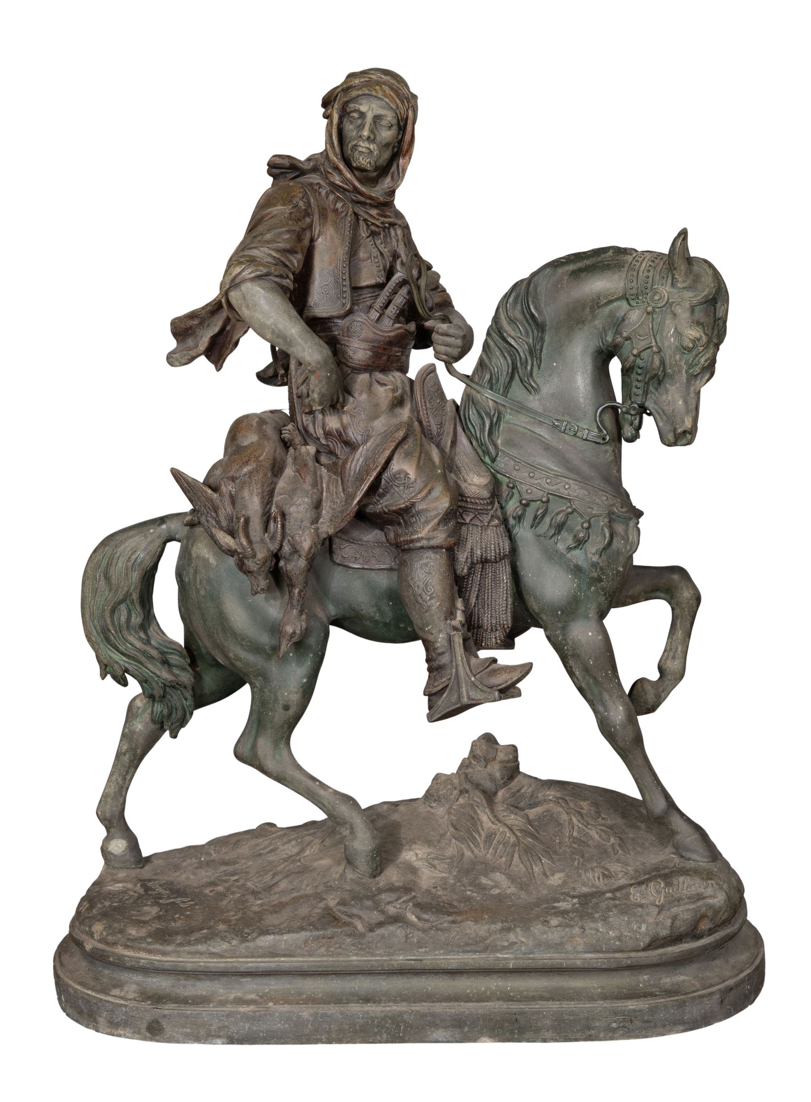 After Alfred Barye (French, 1839-1895) 'Arab Cavalier on Horseback' Cast Metal Sculpture: After Alfred Barye (French, 1839-1895) 'Arab Cavalier on Horseback' Cast Metal Sculpture Having cast signature and 'St. Guillaume' on upper surface of base, depicting a figure on horseback having an a