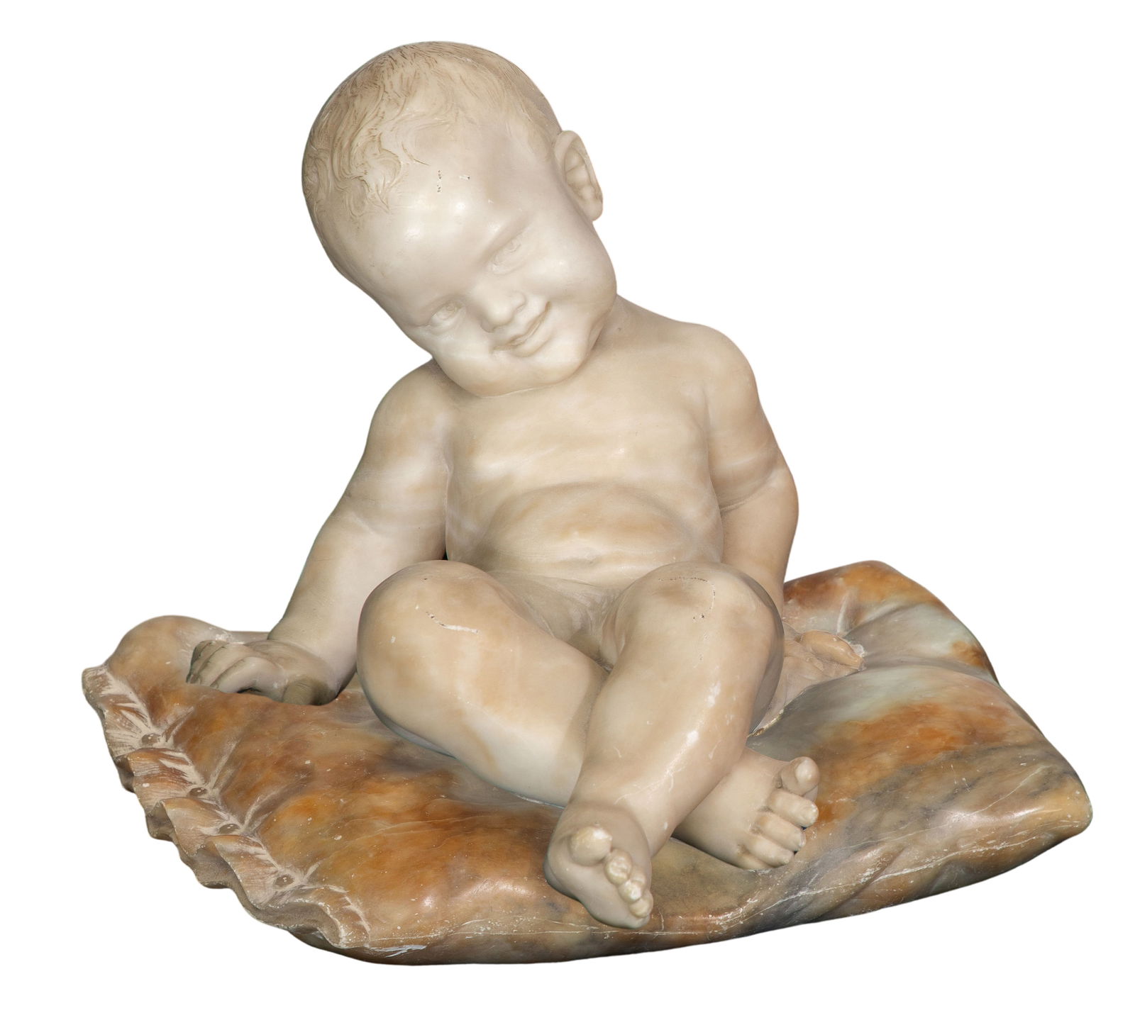 A. Fulli (19th Century) Alabaster Sculpture: A. Fulli (19th Century) Alabaster Sculpture Undated, signed on base, a dual color carved alabaster sculpture depicting a smiling child seated on a pillow Property from: a Private Collector, Lake Fores