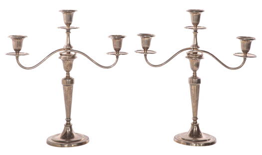 English George III John Parsons & Co. Sterling Silver Candelabras: English George III John Parsons & Co. Sterling Silver Candelabras c.1785, weighted pair of three-light candelabras (both having lion passant and 'I P & Co.' maker marks) Property from: an Estate, New