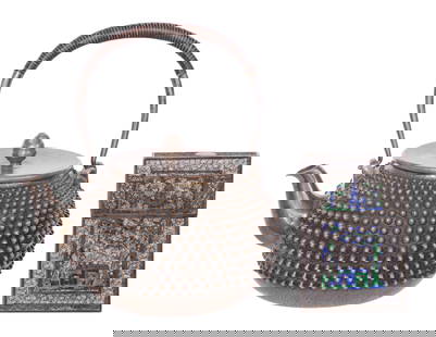 Japanese Fine Silver Teapot: Japanese Fine Silver Teapot (2) total items including a hobnail pattern Tetsubin teapot (marked having a fine silver Japanese hallmark); together with a silver and enamel filigree card case (unmarked