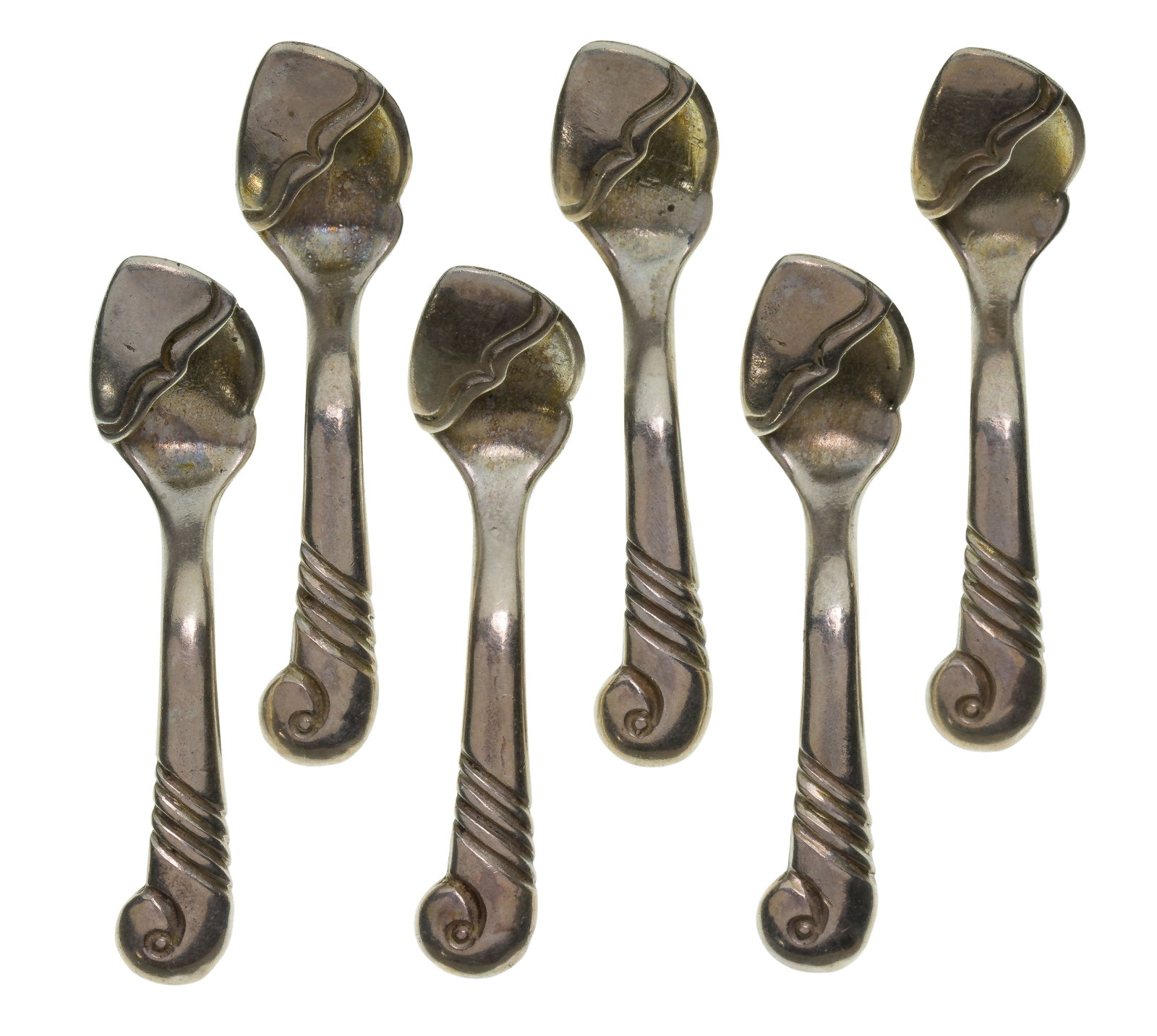 Native American Kenneth Begay Sterling Silver Salt Spoons: Native American Kenneth Begay Sterling Silver Salt Spoons A set of (6) pistol-grip handled, wavy lined design, bowl partially covered having a pierced underside (all marked 'sterling' and having White