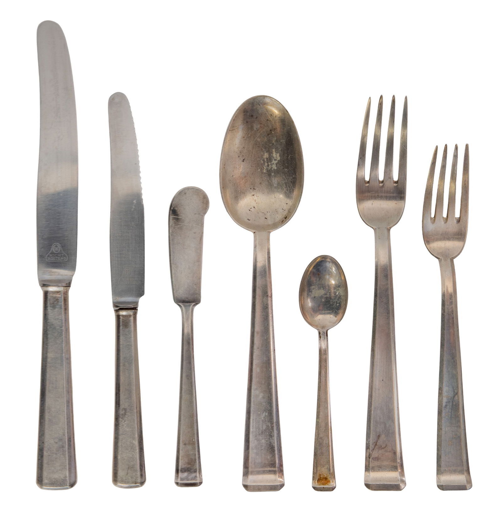 Bruckmann & Sohne German Silver (800) Flatware Collection: Bruckmann & Sohne German Silver (800) Flatware Collection (38) items including (6) 9 3/4-inch dinner knives, (5) 8 3/4-inch luncheon knives, (5) 8.25-inch steak knives, (1) 6 1/4-inch solid master but