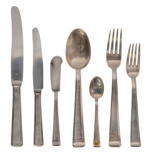 Bruckmann & Sohne German Silver (800) Flatware Collection: Bruckmann & Sohne German Silver (800) Flatware Collection (38) items including (6) 9 3/4-inch dinner knives, (5) 8 3/4-inch luncheon knives, (5) 8.25-inch steak knives, (1) 6 1/4-inch solid master but