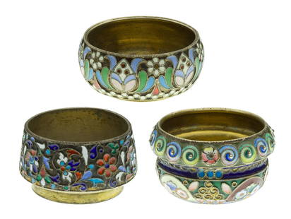 Russian Silver Salt Cellar Assortment: Russian Silver Salt Cellar Assortment (3) items of silver and shaded cloisonne enamel having colorful foliage (one having Cyrillic mark for 'Ivan Khlebnikov' and '84', others having Cyrillic markings)